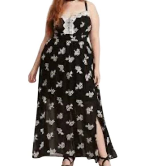 Torrid Dress 1X Black Maxi Chiffon Floral Embroidery Smock Retro Rockabilly - Picture 1 of 10
